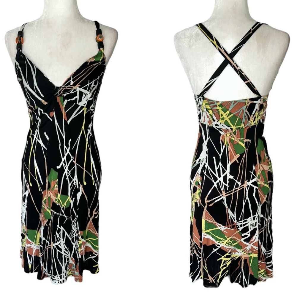 Missoni Vintage Black Abstract Beaded Crisscross Midi Knit Halter Slip Dress - 8
